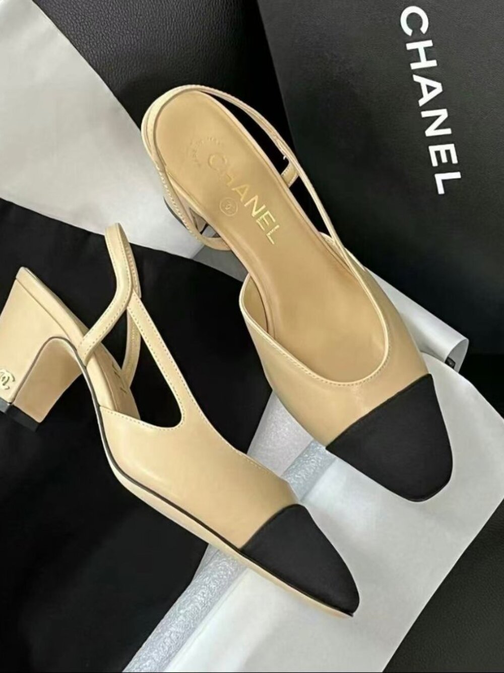 Chanel Two-Tone Slingback Block Heel Pumps Size 37C - Picture 2 of 5